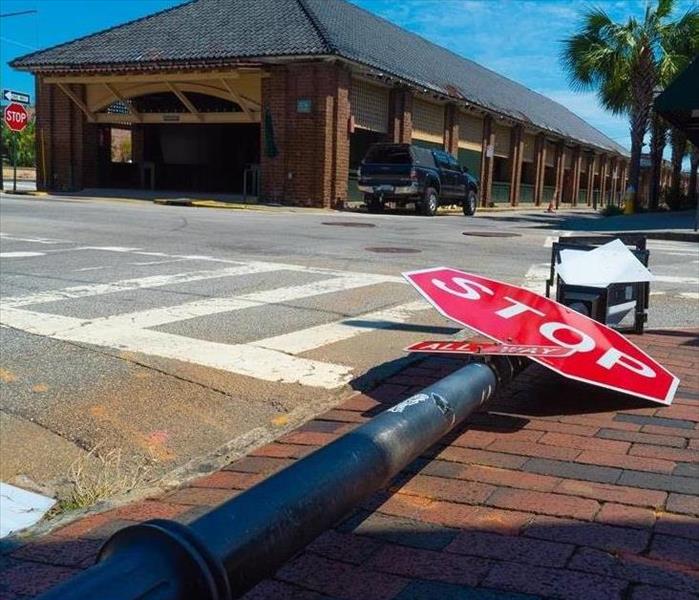 Stop sign blown over from hurricane wind in Downtown Charleston 